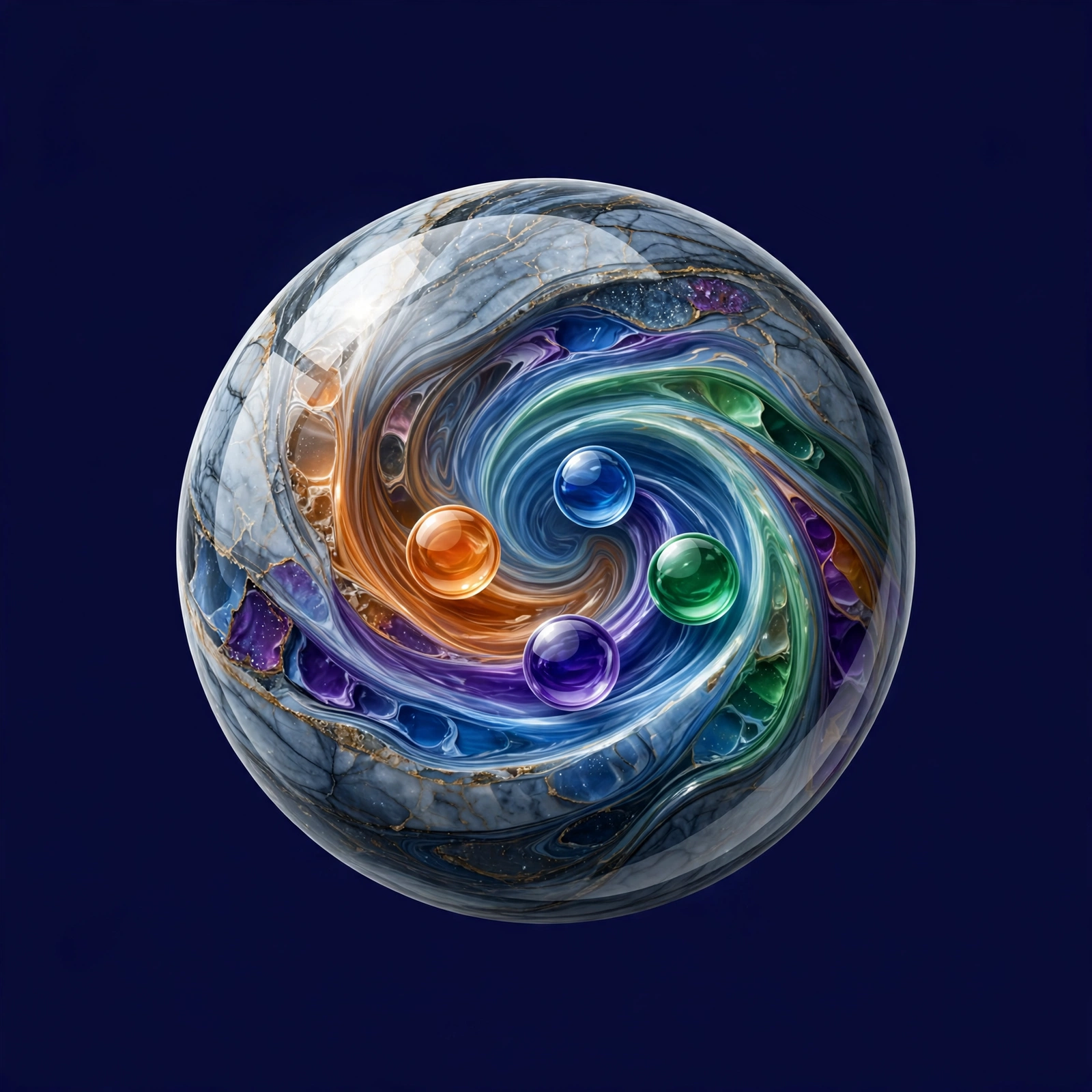 The FlowState Logix Mother Marble: a glossy marble sphere in many colors, with smaller marbles flowing through it